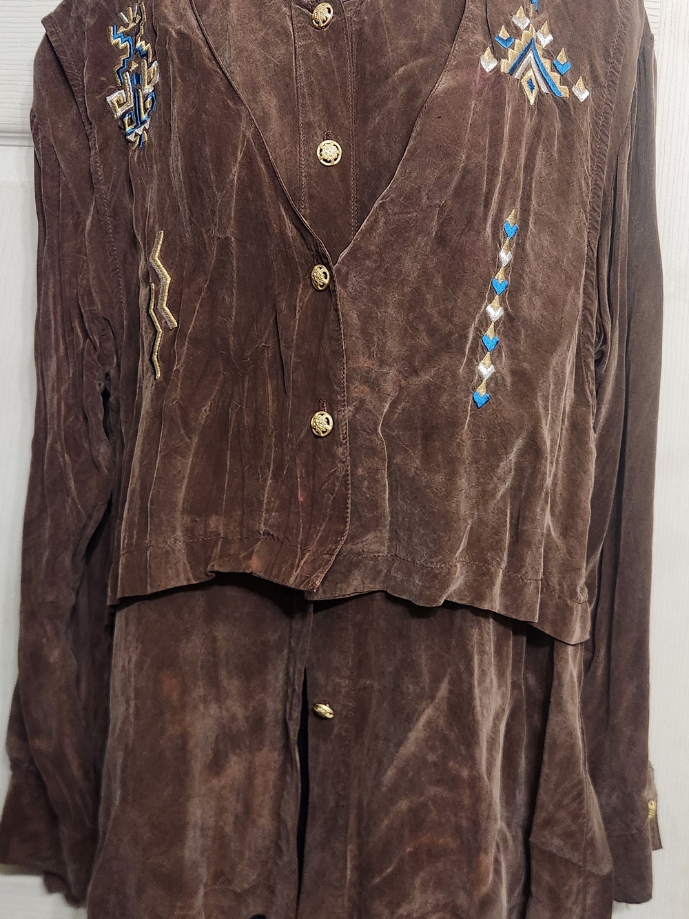 Brown Embroidered Button-Down Suede Top - Women's